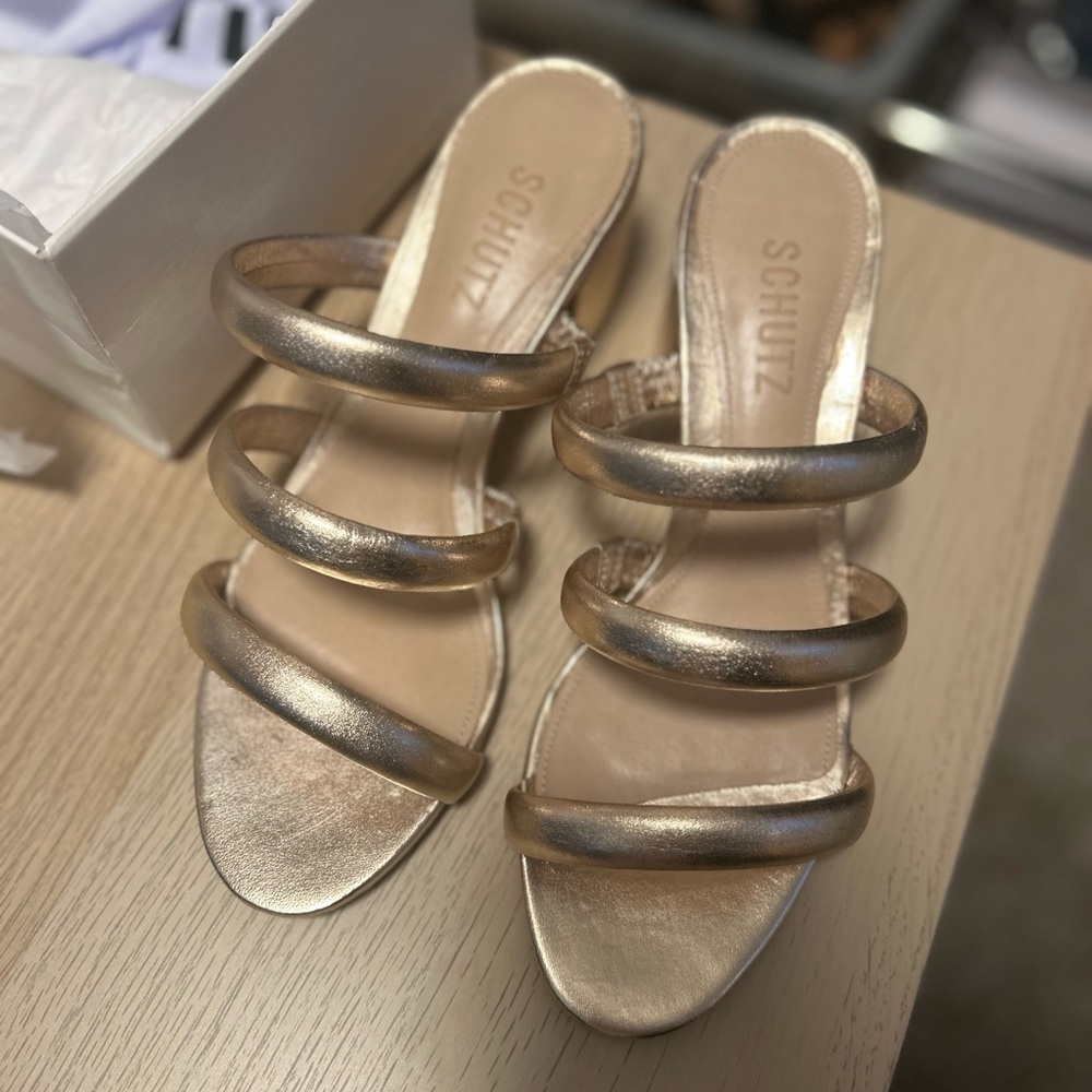 Schutz Olly Block Heel Metallic Sandals